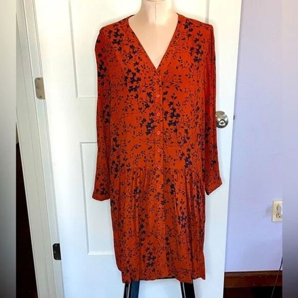 Garnet Hill Shirtdress Floral Print Drop Waist Pockets Rust Navy 12 - Picture 11 of 11